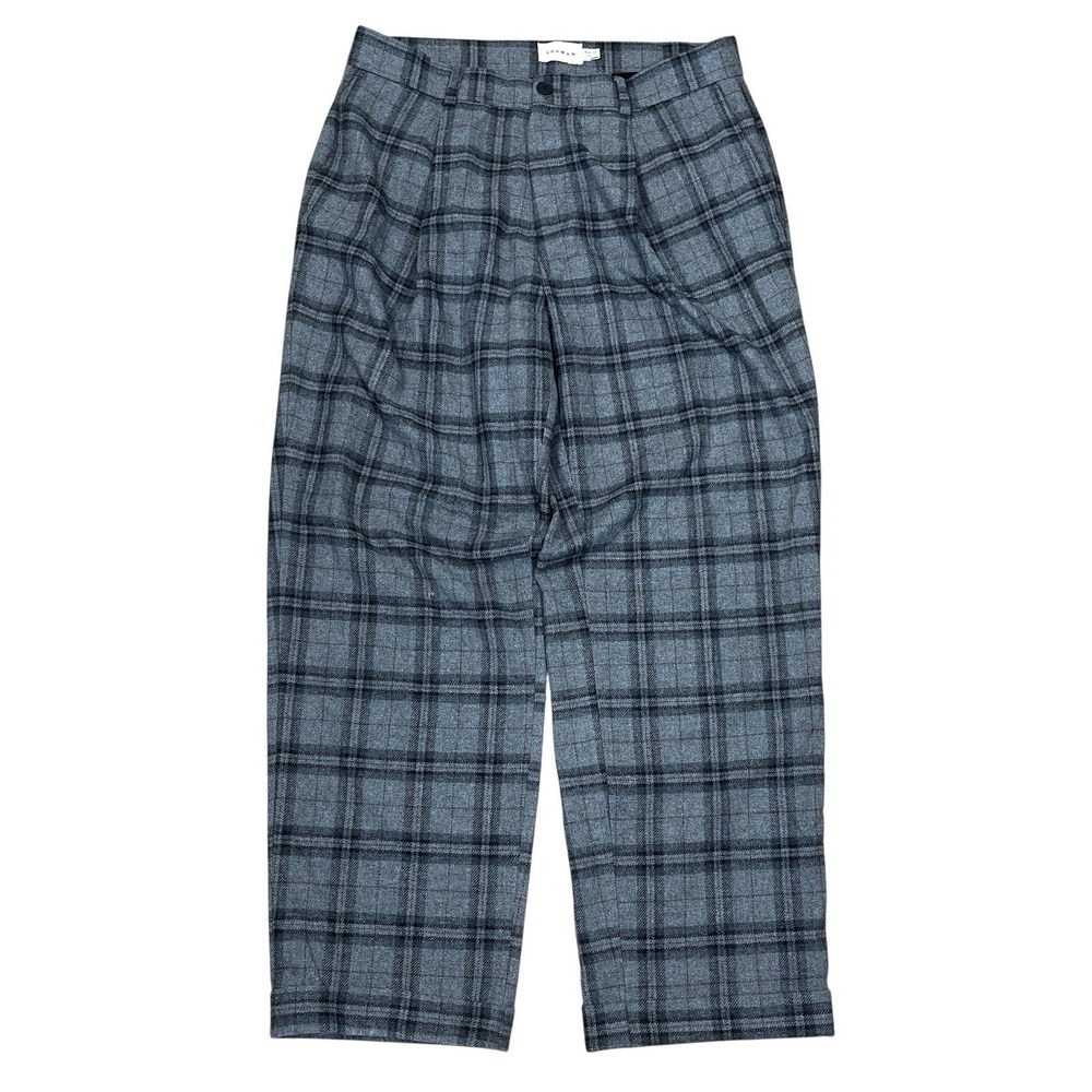 TOPMAN Relaxed Pleated Trouser 34x32 (Fits 34x30) Gray Plaid Wool Blend Academia